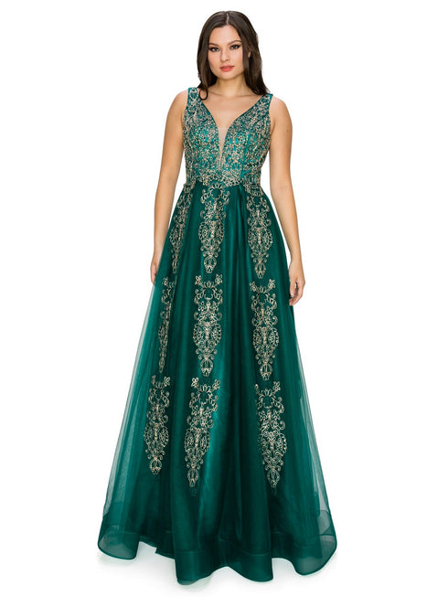 Bliss Golden Coil Lace Studded Illusion Tulle V-Neck Dress for Women, Sizes XS-3XL - SophiasStyle.com